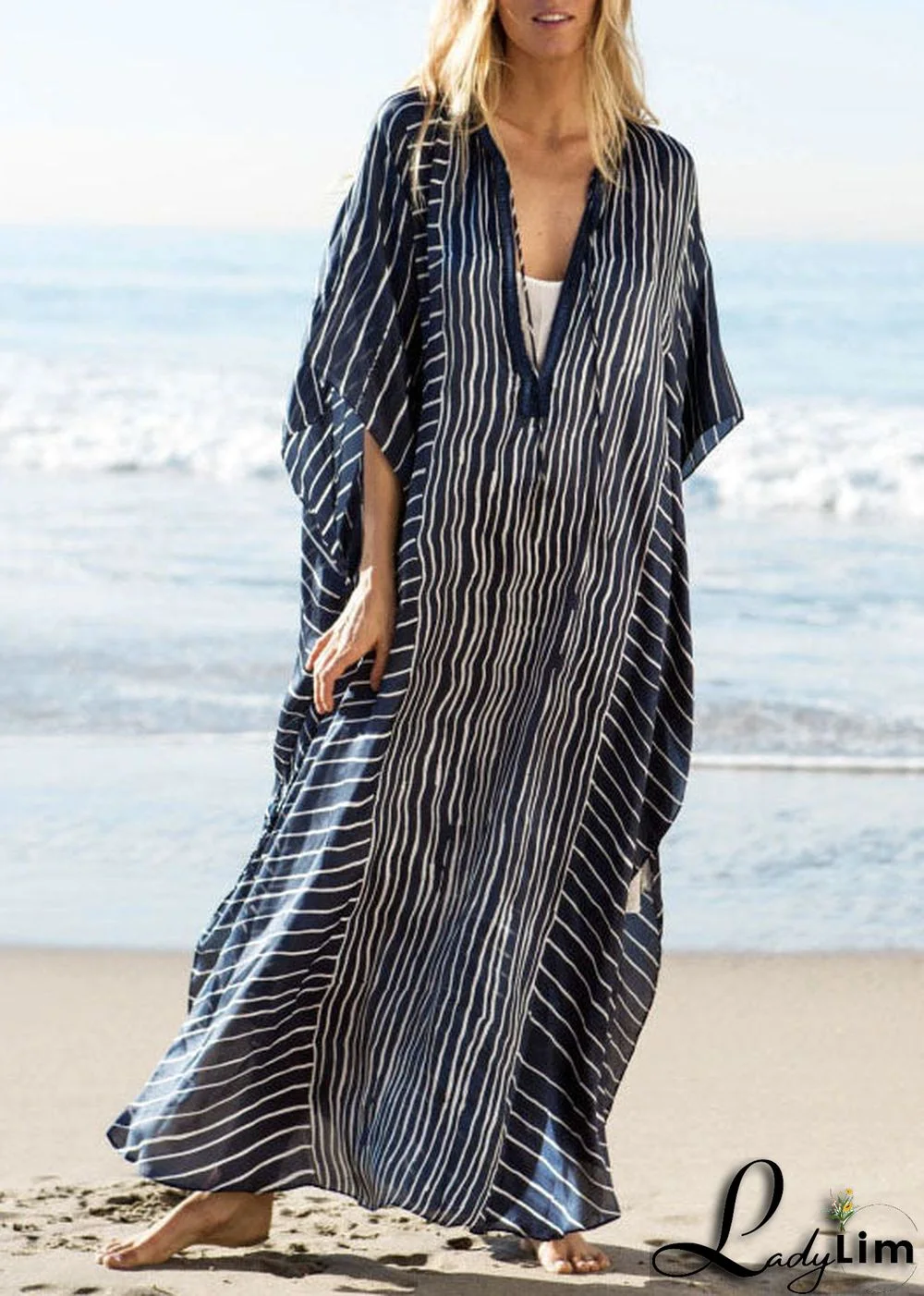 DIY Blue Striped side open Beach Gown Vacation Summer Chiffon Dress