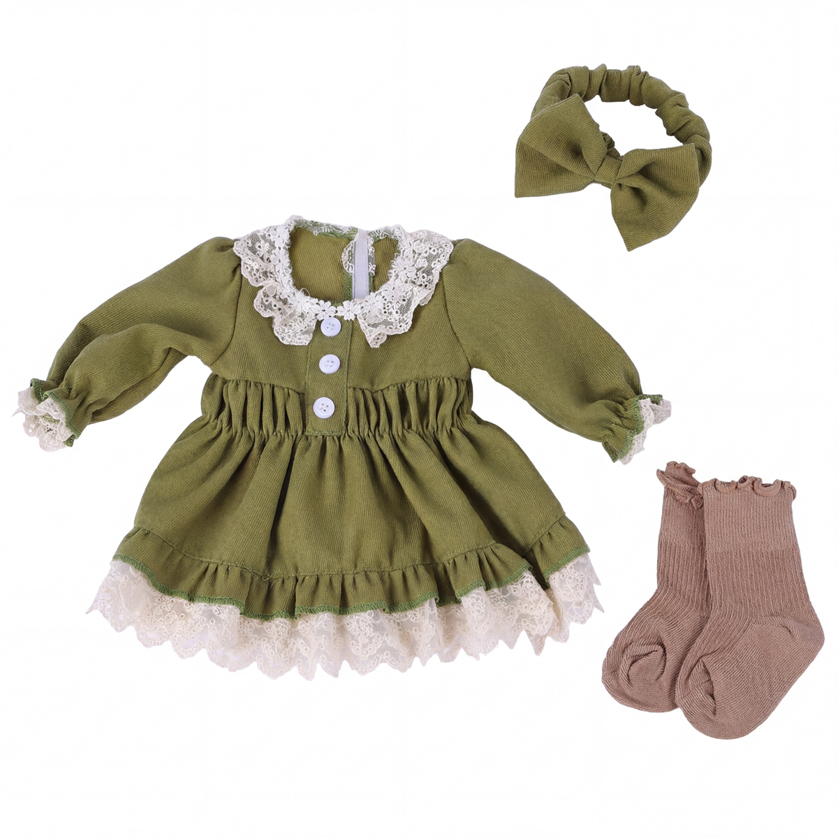 20″ Grass Green Lace Dress 4 pcs Set for Reborn Babies