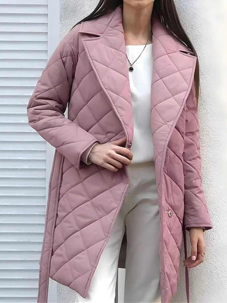 Mid-length Buttoned Belt Waisted Rhombus Check Lapel Coat