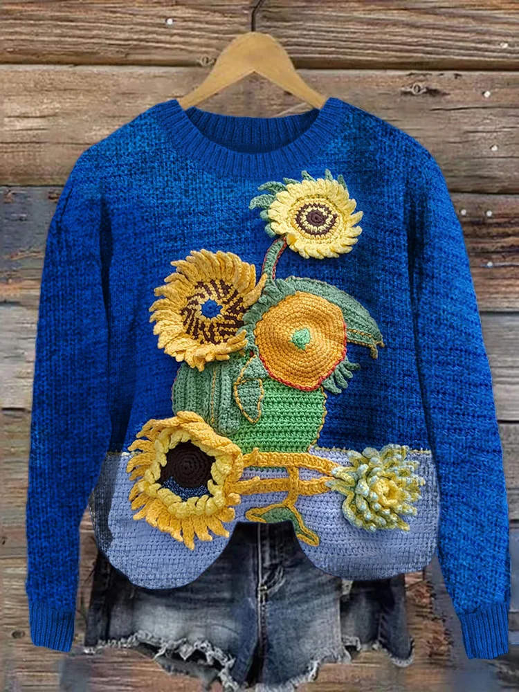 Sunflowers Crochet Art Cozy Knit Sweater