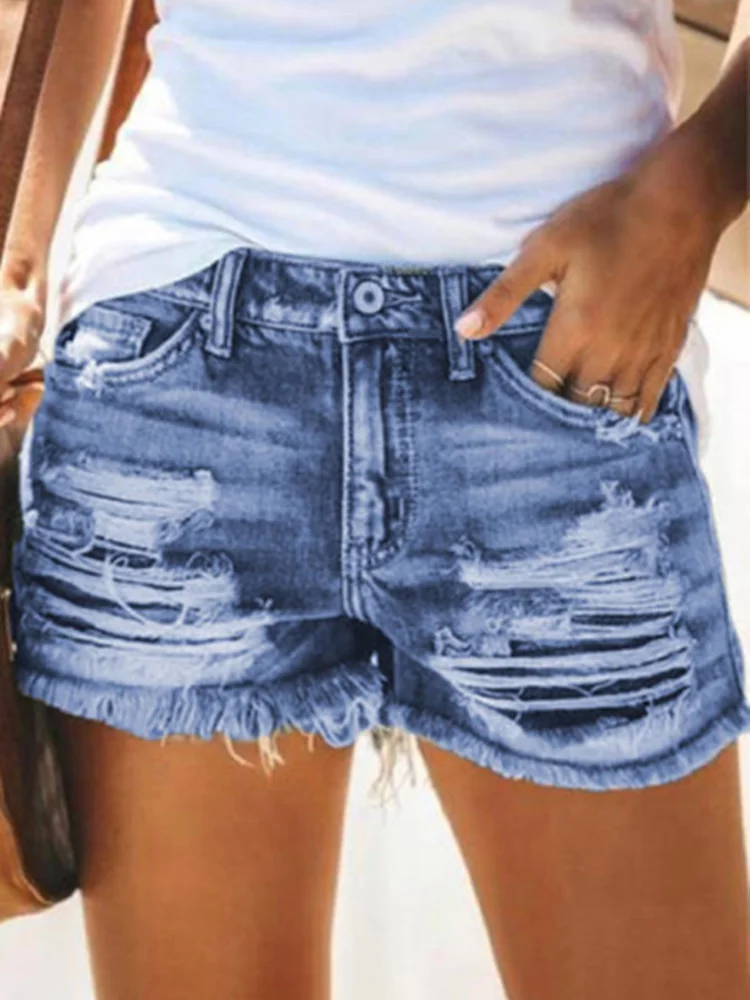 Budgetg Button Ripped Hole Denim Shorts Women Fashion Ripped Tassel High Waist Denim Shorts Vintage Hole Casual Pocket Short Jean