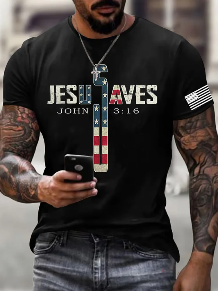 Men's Vintage Usa Jesus Saves Printed Round Neck T-shirt