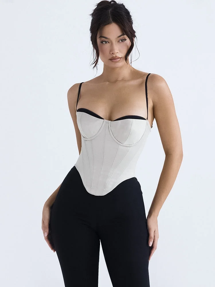 Peneran Thick Satin Bustier Corset Crop Top with Chest Pads Spaghetti Strap White Bodycon Top Summer Women Tops with Fishbone