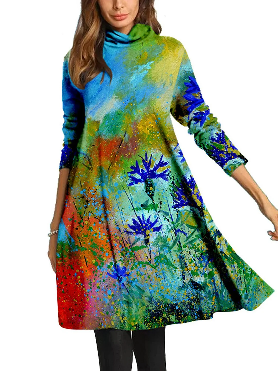 Women Long Sleeve Scoop Neck Printed Midi Dress