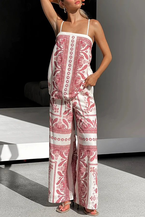 Unique Print Loose Casual Tank Top and Elastic Waist Wide Leg Straight Pants Set