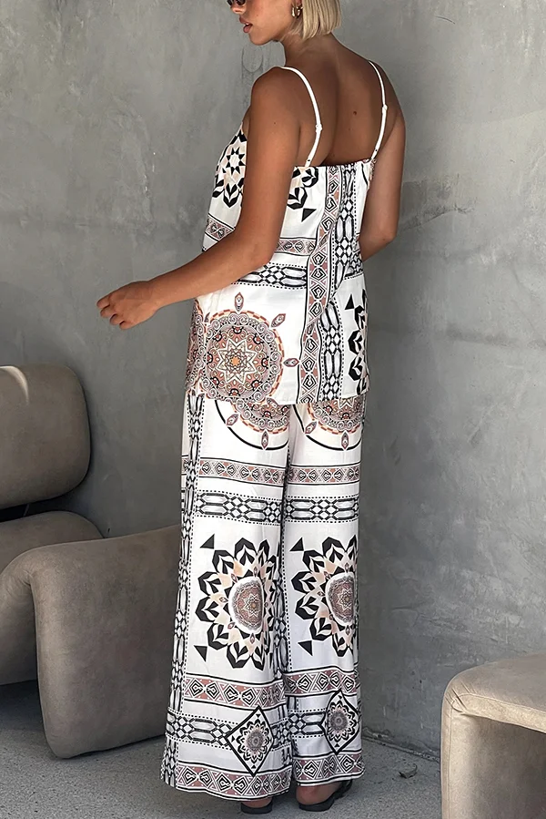 Unique Print Loose Casual Tank Top and Elastic Waist Wide Leg Straight Pants Set