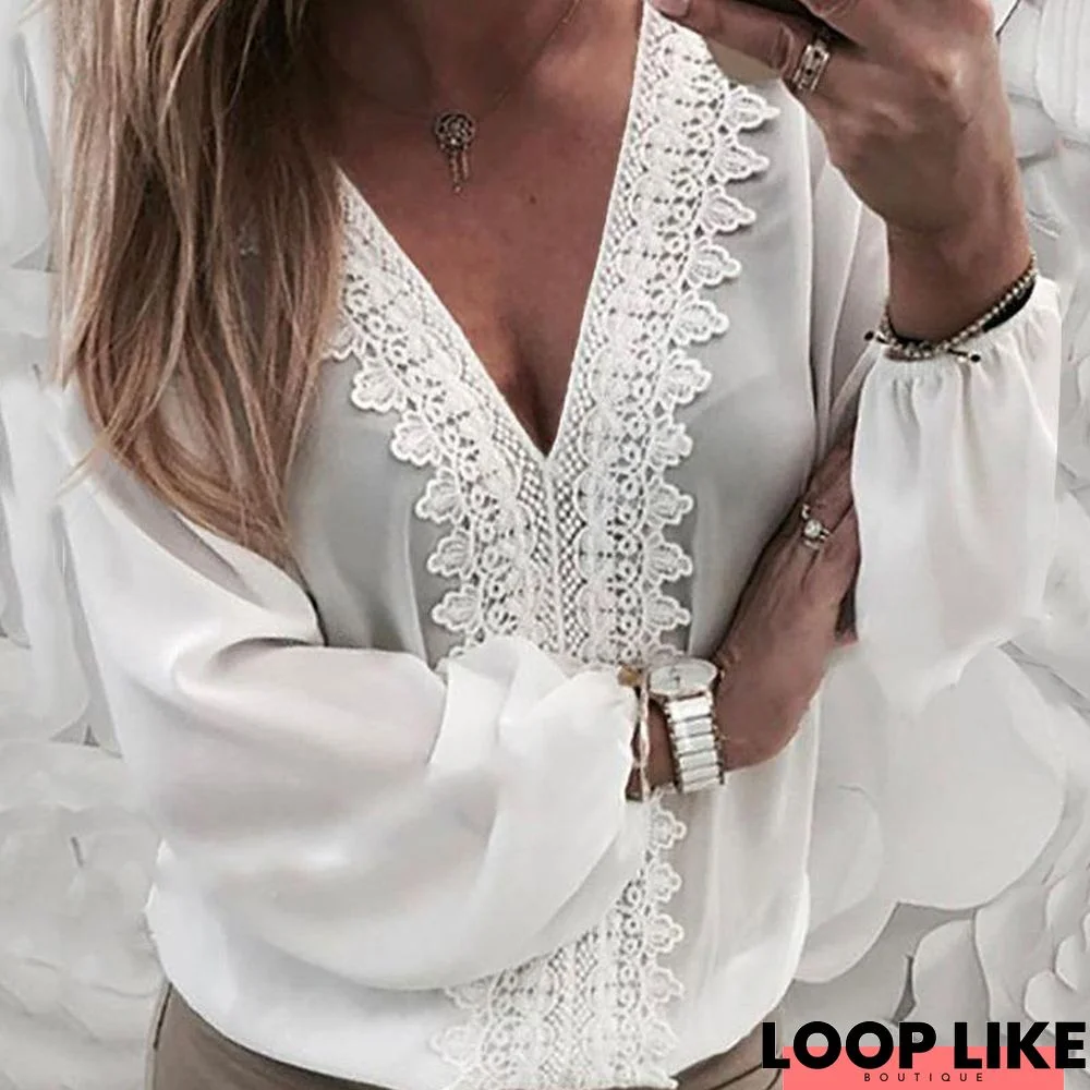 Women Long Lantern Sleeve V Neck Back Hollow Lace Shirt Office Ladies Casual Loose Blouses