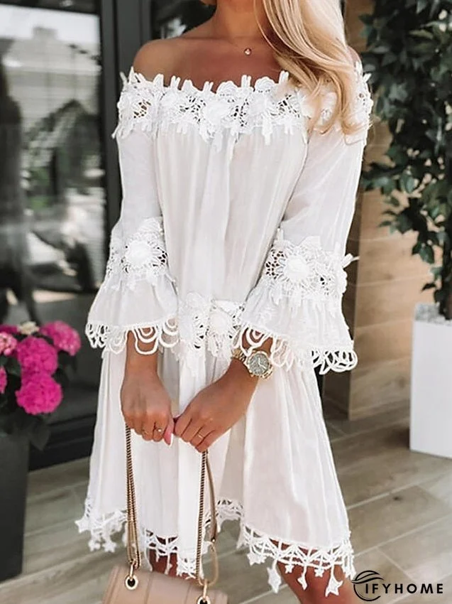 Casual Dress Lace Dress Shift Dress Plain Lace Backless Off Shoulder Mini Dress Basic Elegant Outdoor Daily 3/4 Length Sleeve Loose Fit White Spring Summer S M L XL XXL for Women | IFYHOME