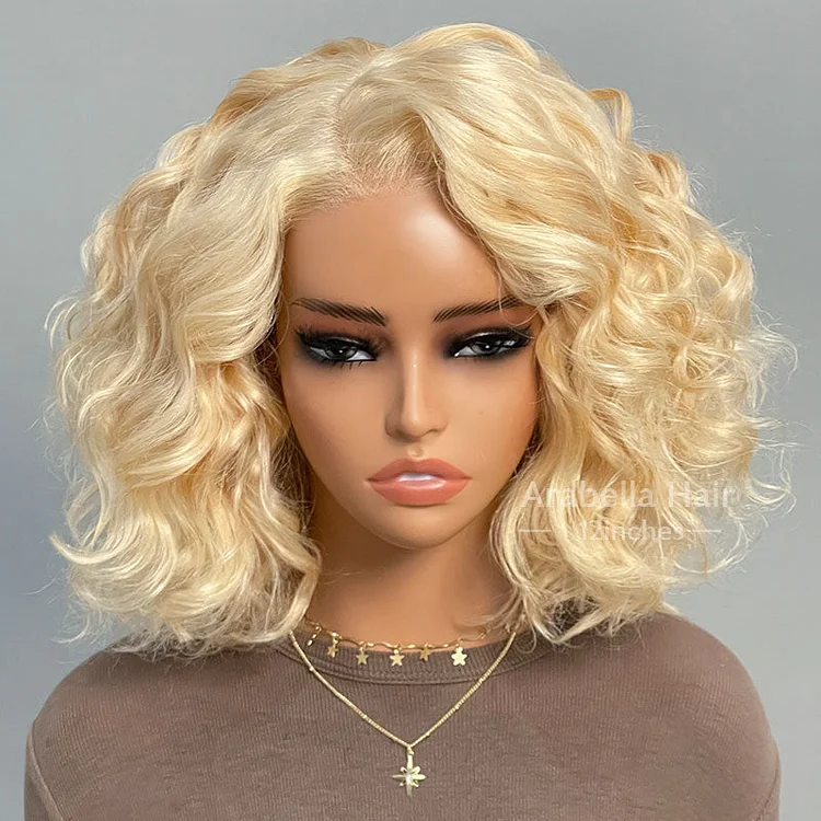 Dyeable Short #613 Blonde 6x5 Glueless Pre-Cut Lace Closure Loose Body Wave Bob Wig Human Hair Wigs