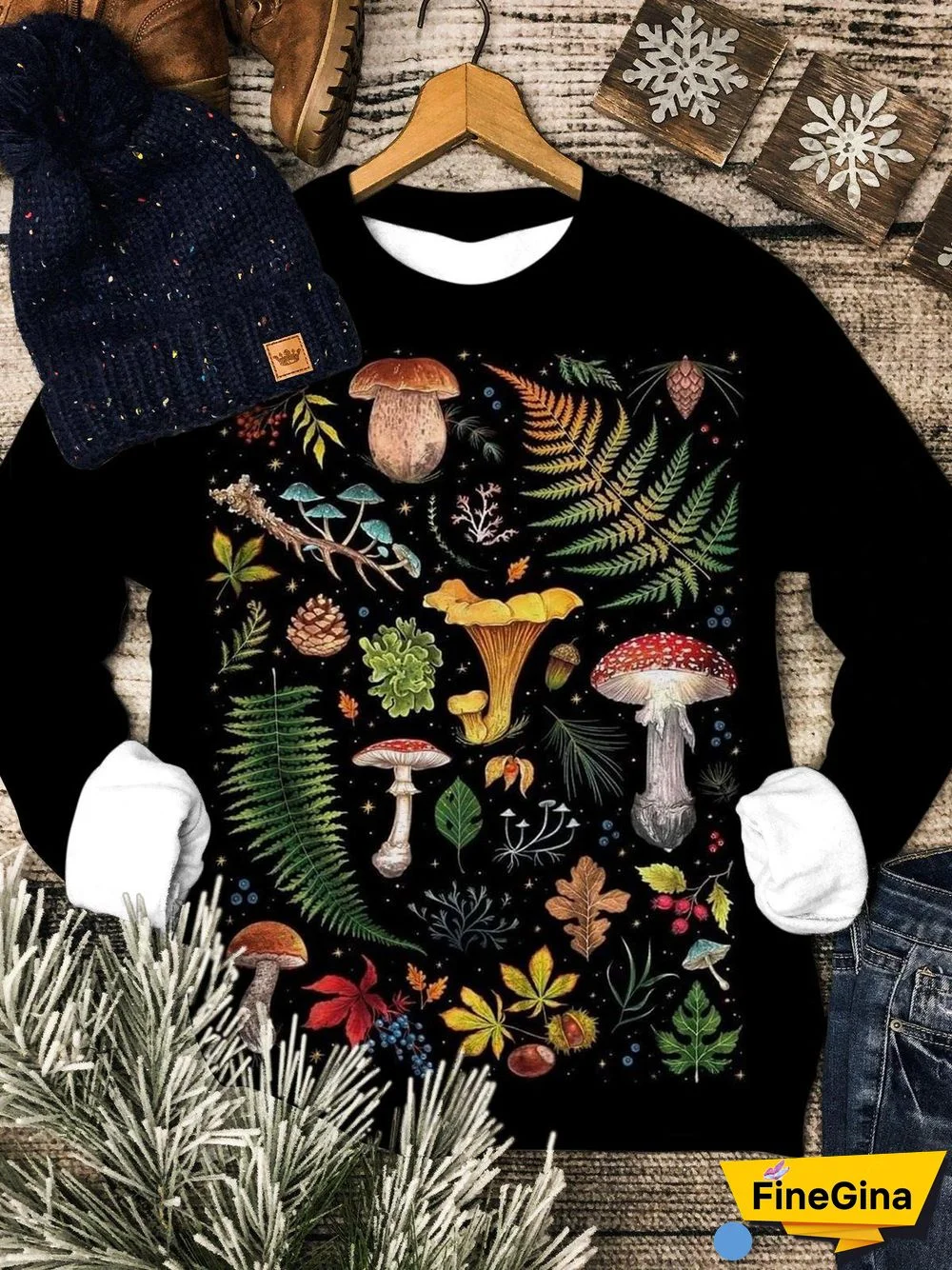 Women's Mushroom Print Round Neck Long Sleeve Top