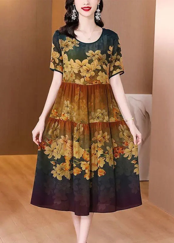 Casual Khaki O-Neck Patchwork Print Silk Long Dress Summer