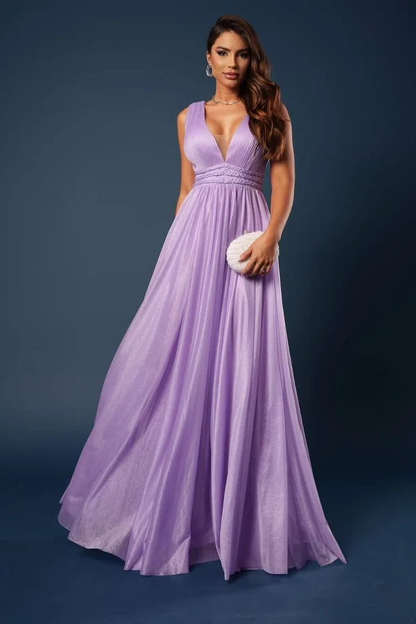 Daisda Purple Sleeveless Straps Deep V-Neck A-Line Prom Dress