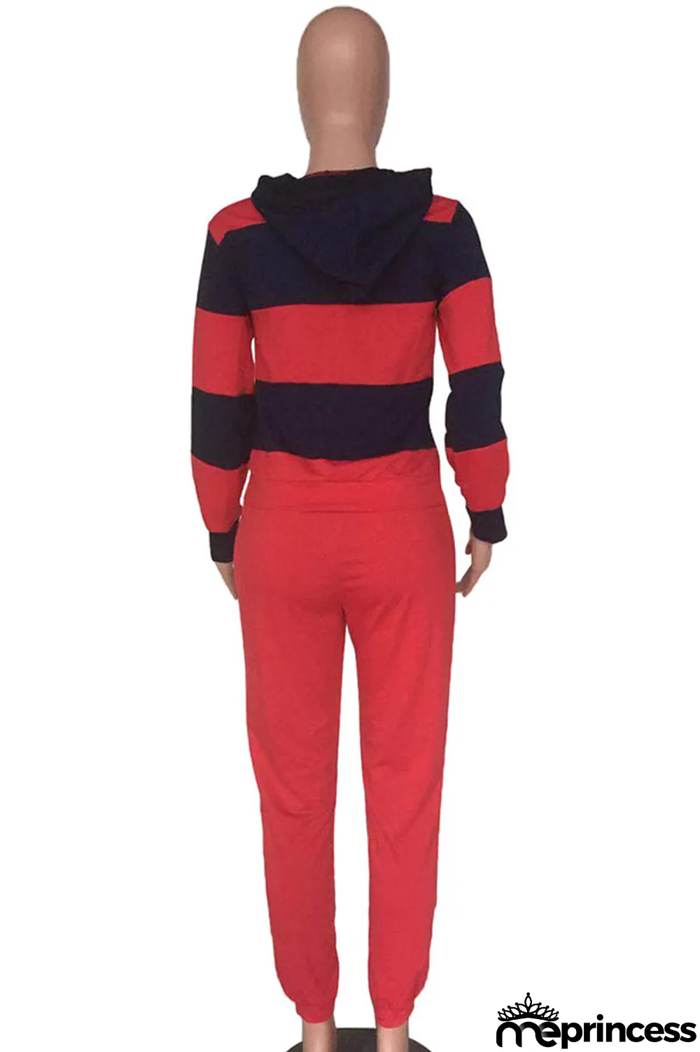 Red Polyester OL Striped Patchwork Print pencil Long Sleeve Two Pieces