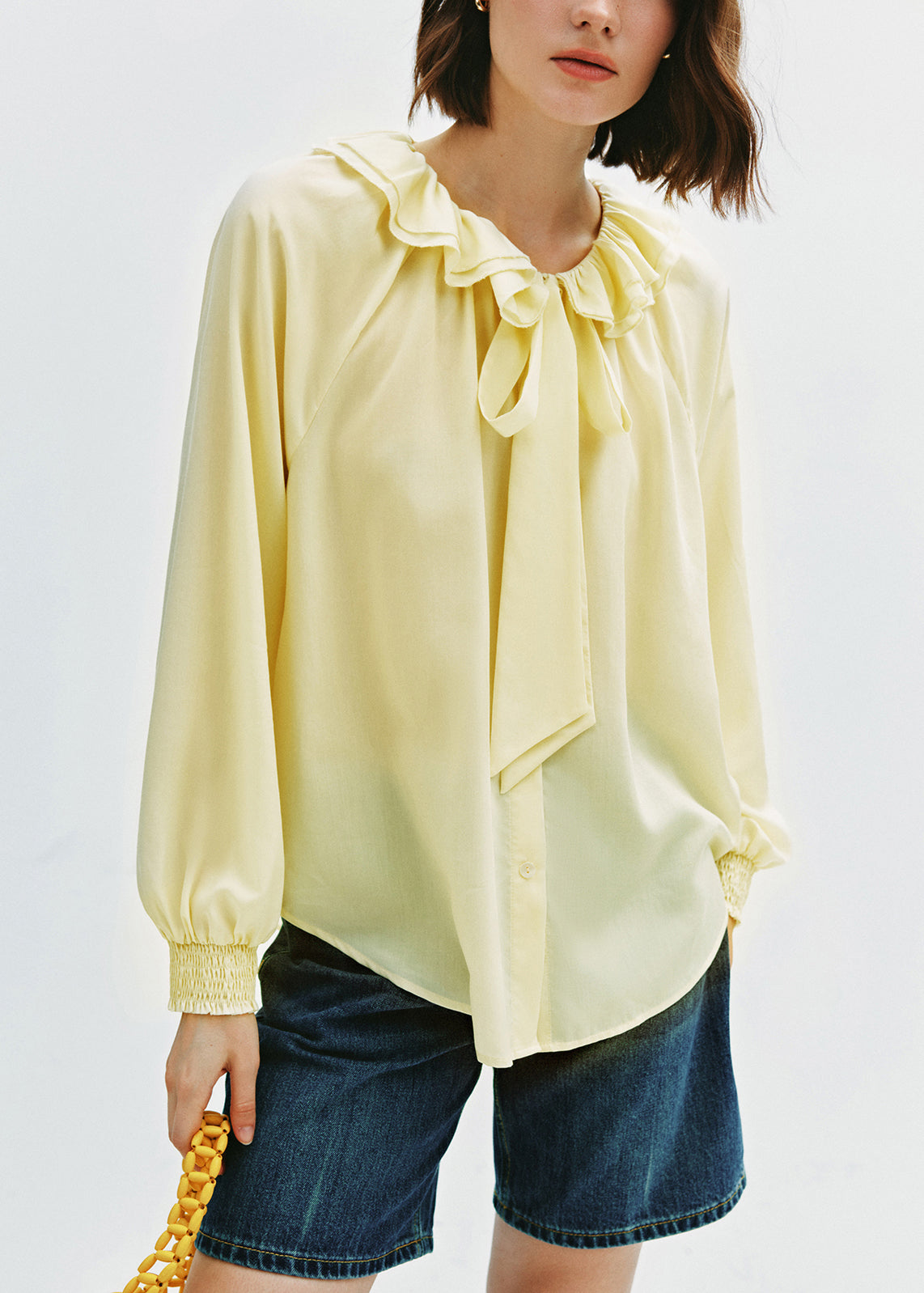 Yellow Raffles Top Plus Size Yellow Ruffled Lace Up Cotton Blouse Tops Fall