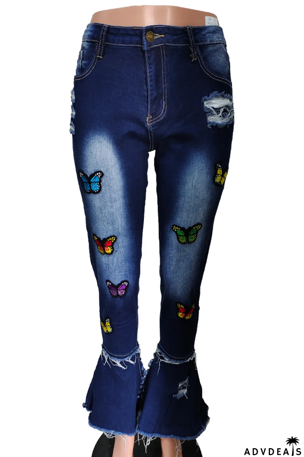 Deep Blue Casual Butterfly Print Patchwork Boot Cut Denim Jeans