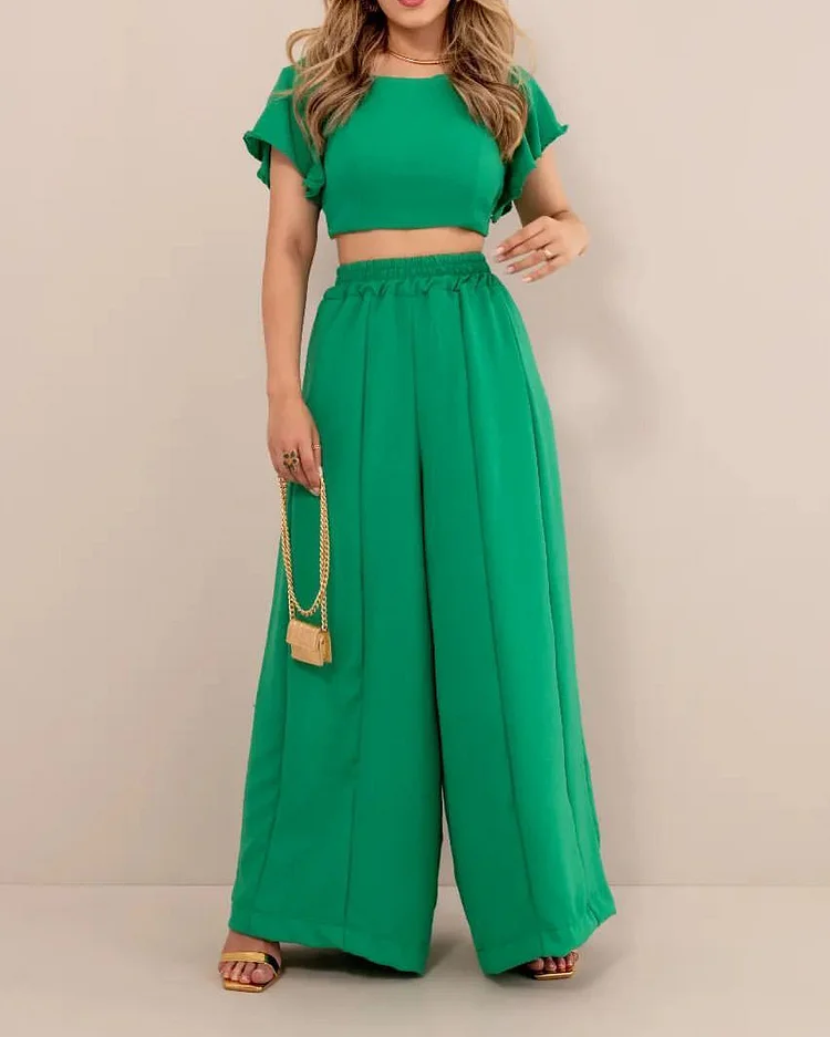 Butterfly Sleeve Solid Color Two Piece Set