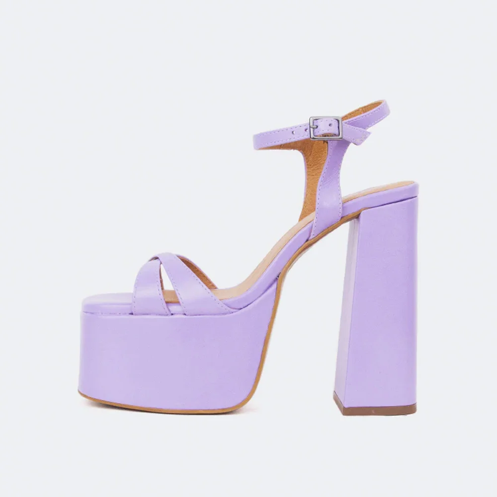 Purple Open Square Toe Chunky Heel Ankle Strap Platform Sandals