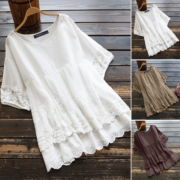 Summer Women Short Sleeve Solid Cotton Shirt Lace Mesh Patchwork Loose Blouse Tops - Life is Beautiful for You - SheChoic