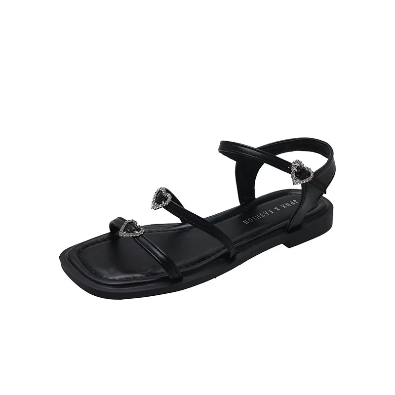 Tanguoant Tanguoant Sandals Women Wear New Summer Square Head With Roman Style Love Diamond Buckle Flat Sandals Slippers Women