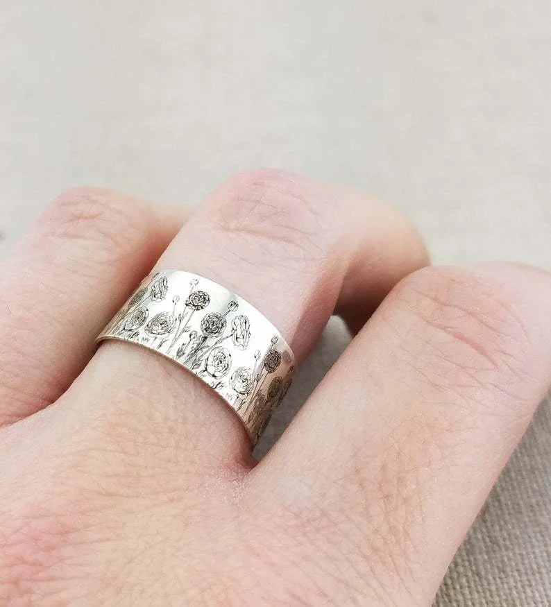 Vintage Floral Broadband Ring Ethnic Silver Plated Delicate Ring