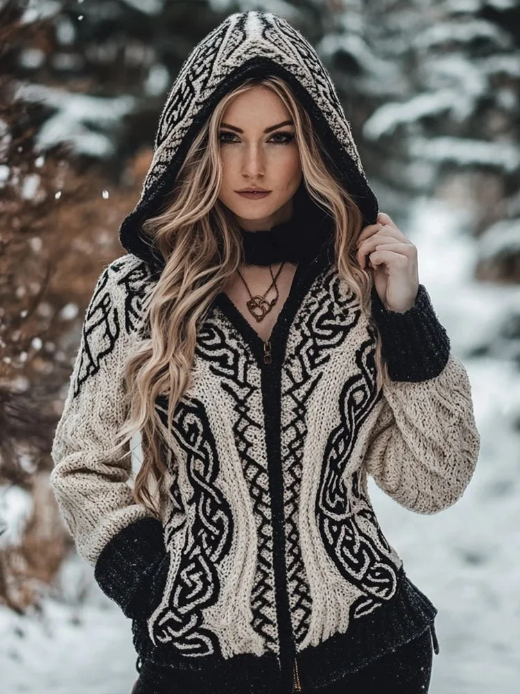 VChics Women's Viking Inspired Celtic Knot Jacquard Knit Hooded Cardigan