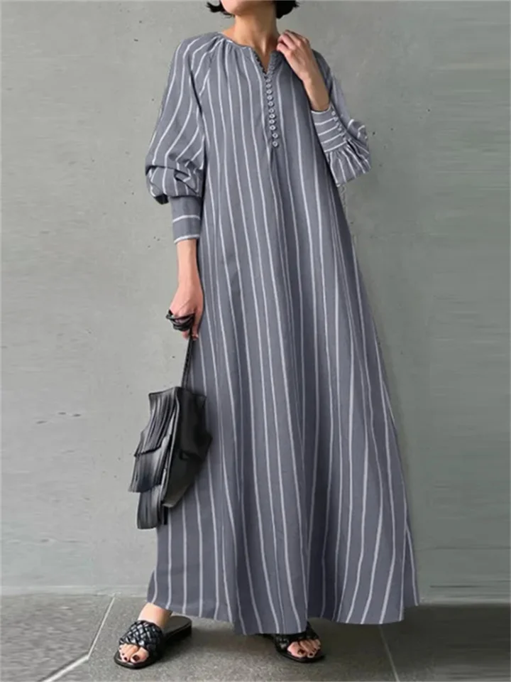 Women's Dress Literary Style Cotton and Linen Striped Round Neck Long Sleeve Insert Pockets Simple Loose Long Section Pullover Dress-Cosfine