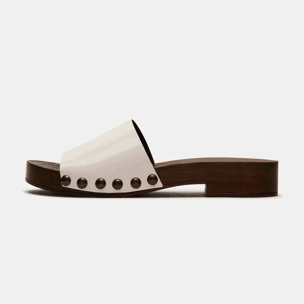 Chic White Patent Leather Round Toe Casual Studded Slip On Sandals