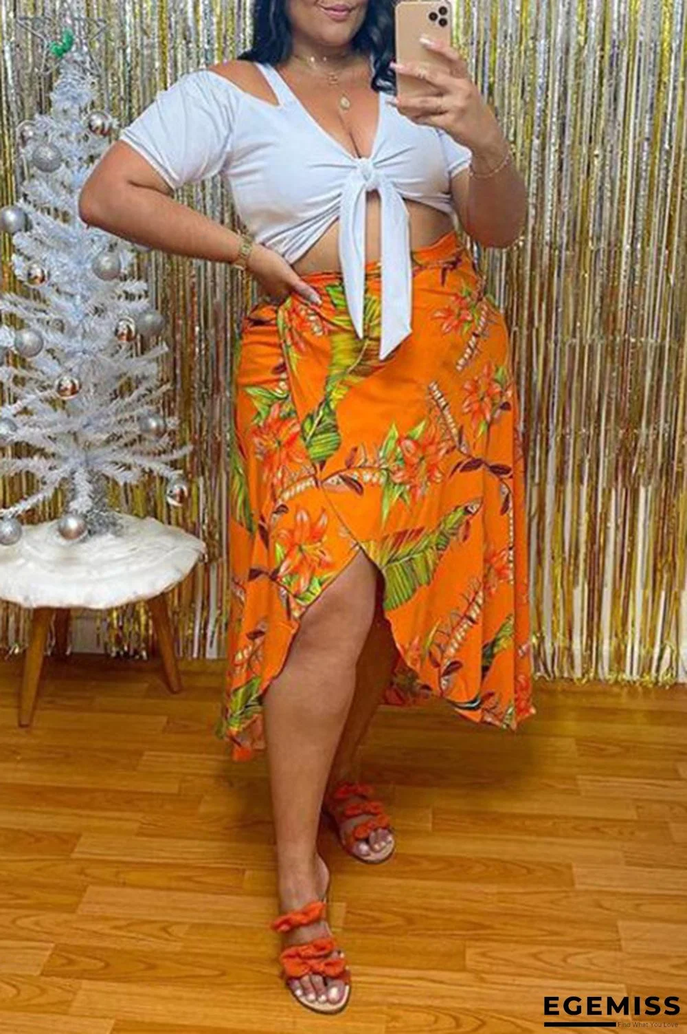 Yellow Sexy Casual Print Slit V Neck Plus Size Two Pieces | EGEMISS