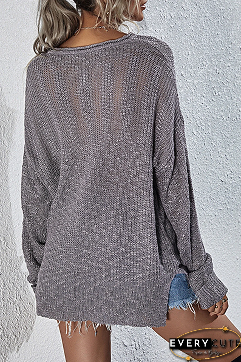 Casual Solid Split Joint Slit V Neck Tops Sweater(4 Colors)