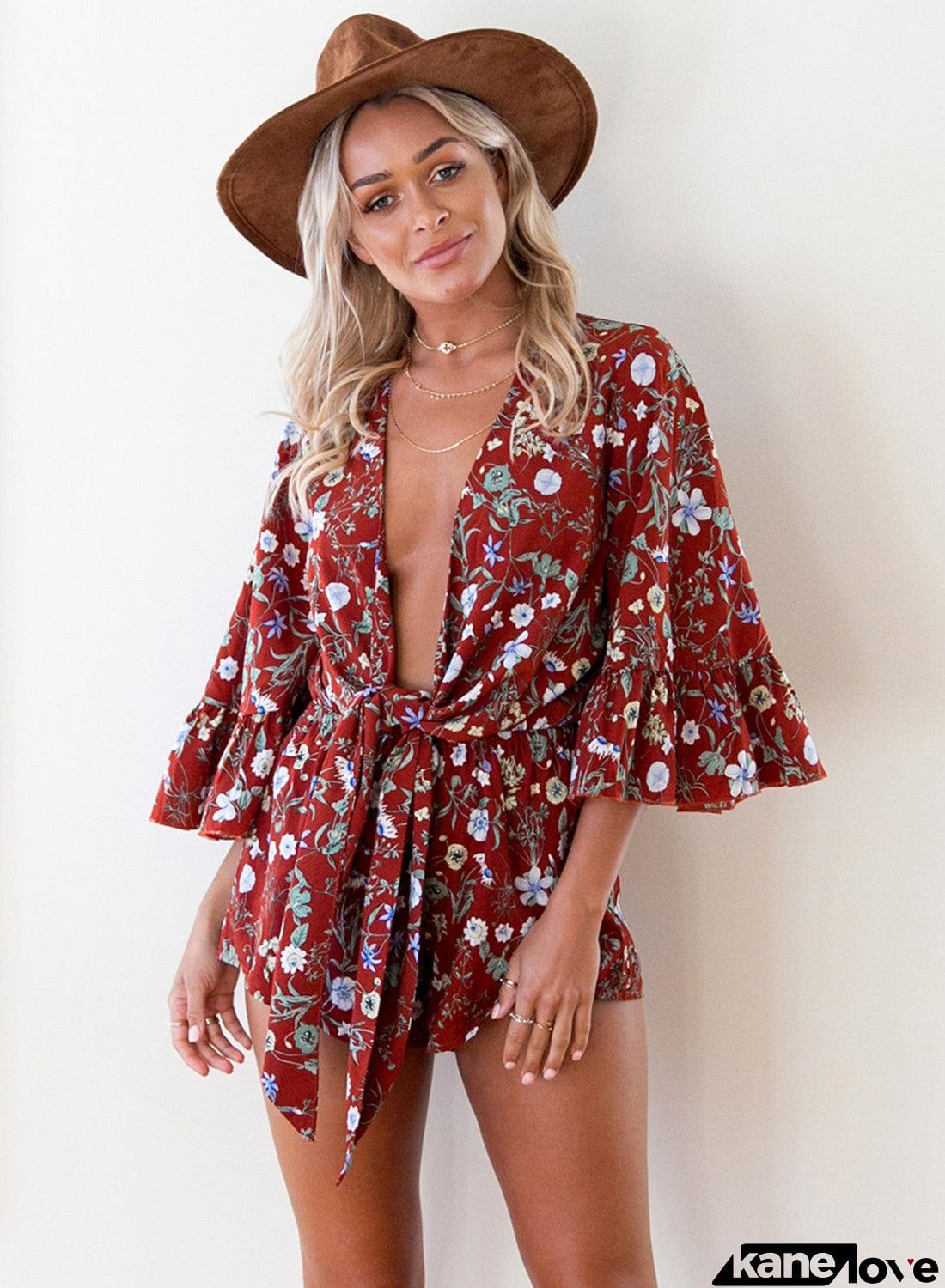 Floral Printed Deep V Neck Flare Sleeve Romper