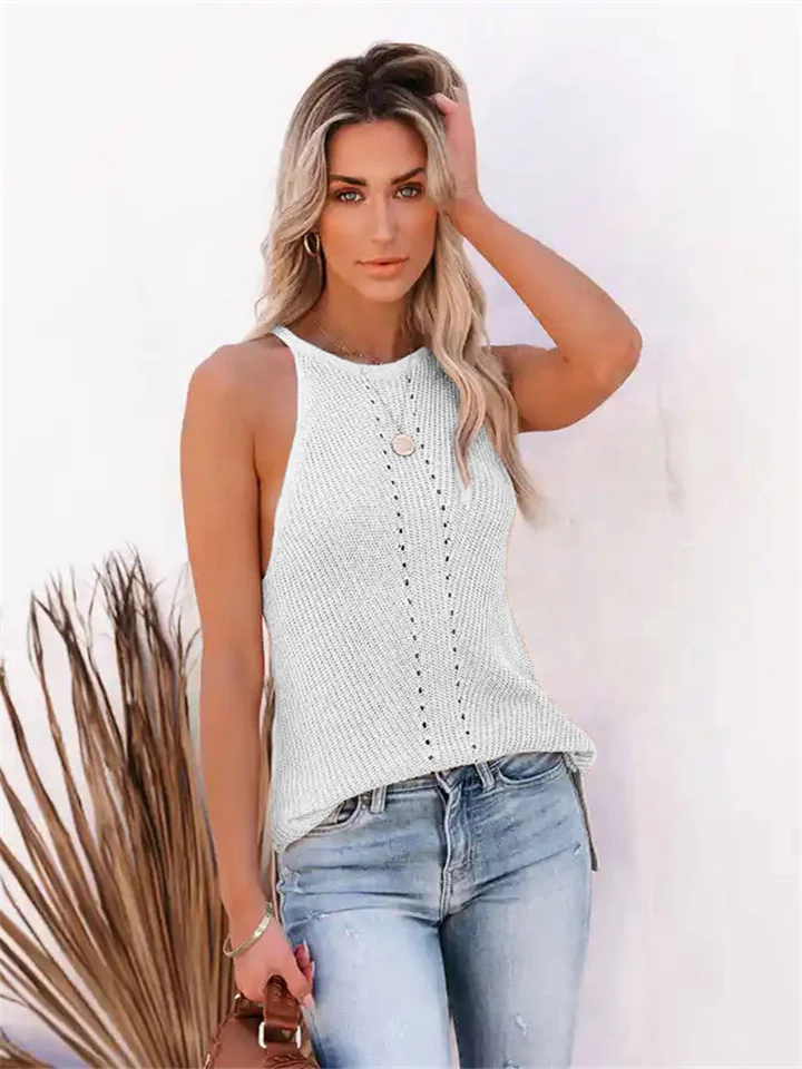 Spring and Summer New Women's Loose Hanging Neck Knitted Pick Holes Camisole Small Tank Top Female-Cosfine