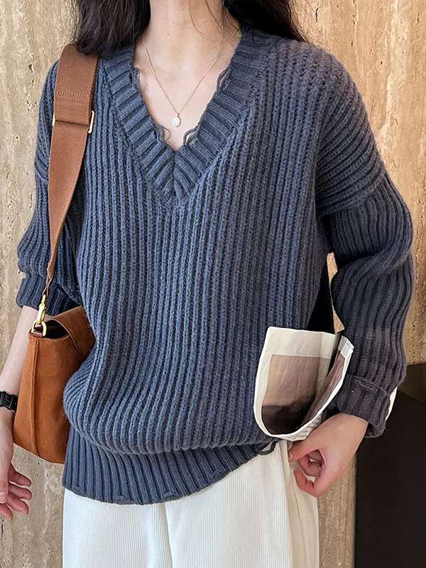 Long Sleeves Loose Hollow Solid Color V-Neck Pullovers Sweater Tops