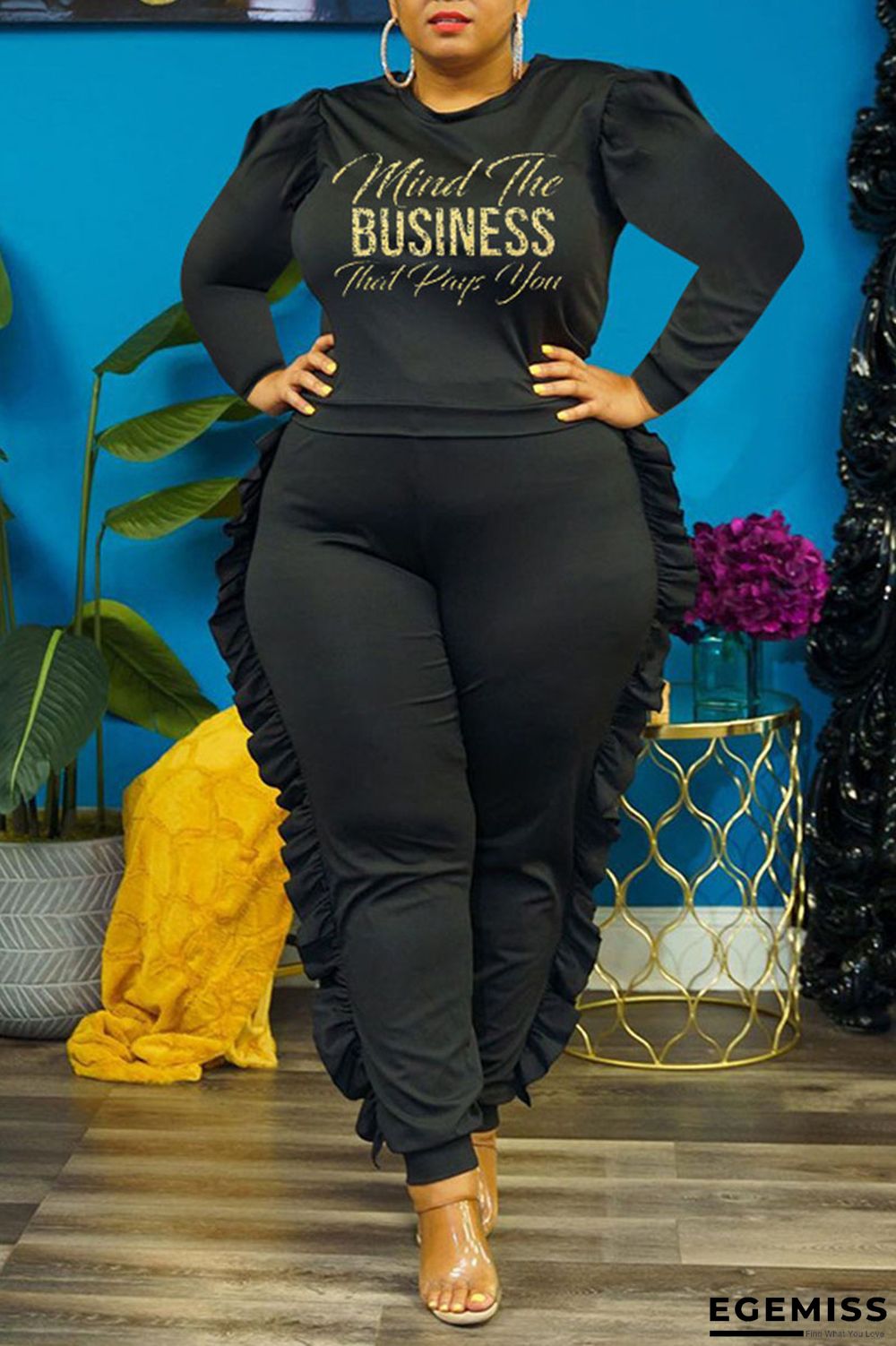 Black Casual Print Patchwork Flounce O Neck Plus Size Two Pieces | EGEMISS