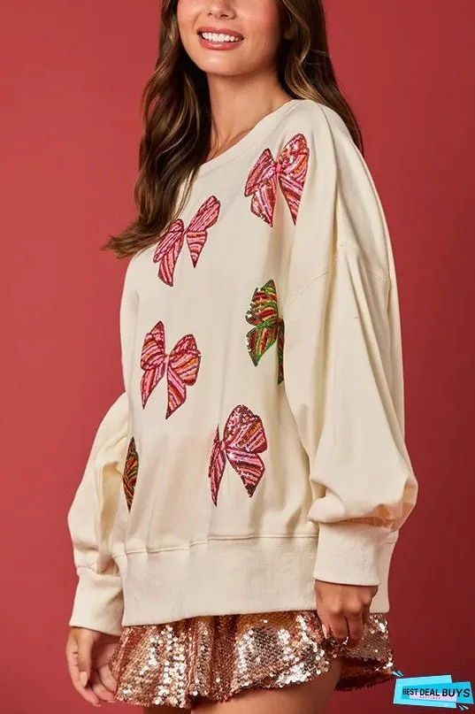 Christmas Bow Sequin Loose Casual Long Sleeve Sweatshirt
