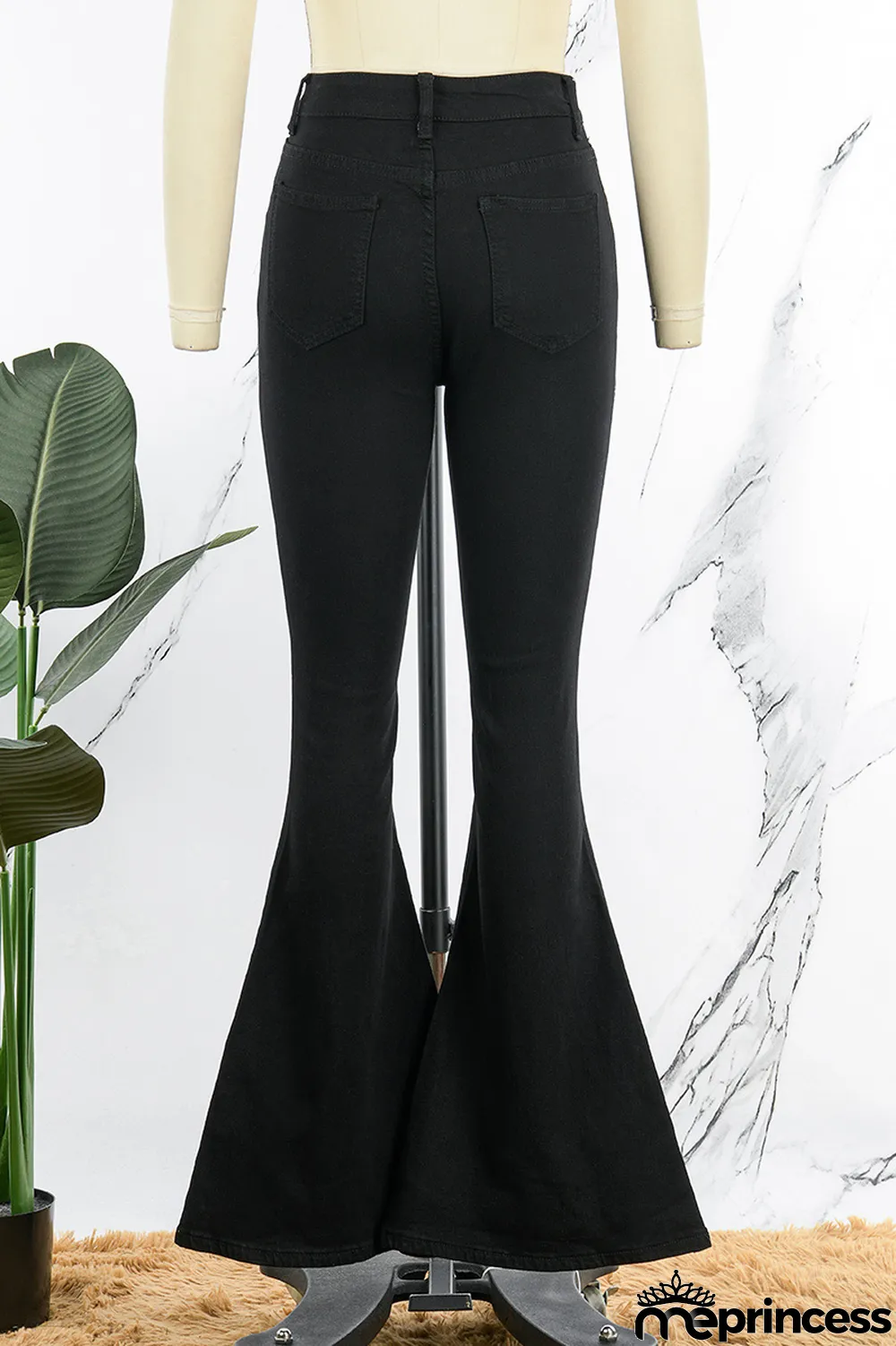 Black Casual Solid Ripped High Waist Boot Cut Denim Jeans