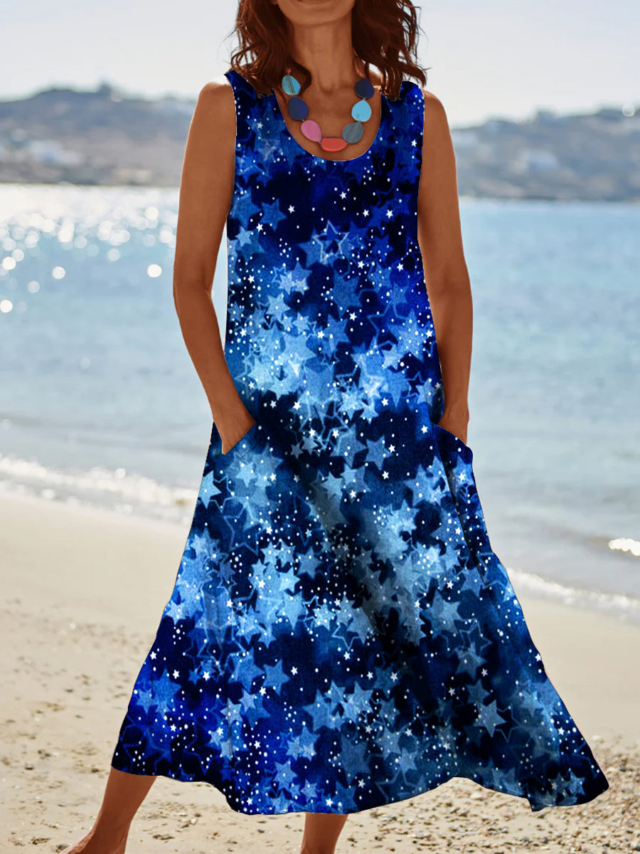 Women's Vintage Neon Star Pattern Round Neck Dress