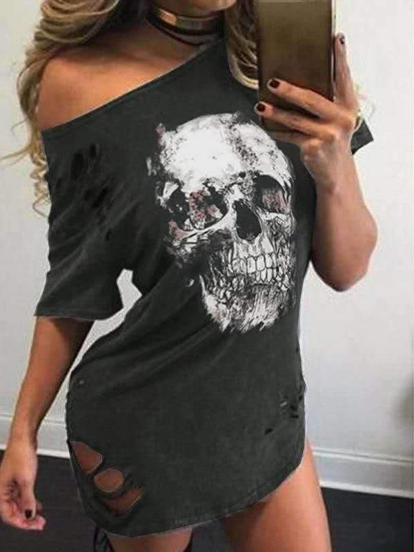 Loose Skull Print T-shirt Skirt-Mayoulove