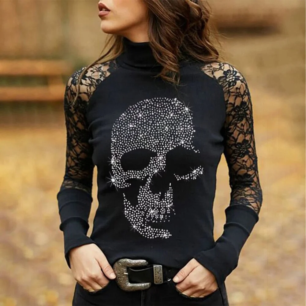 Women Turtleneck Lace Patchwork Long Sleeve Shirts 2021 Spring Autumn Ladies Casual Sexy Tops Black Y2k Skull Print Streetwear