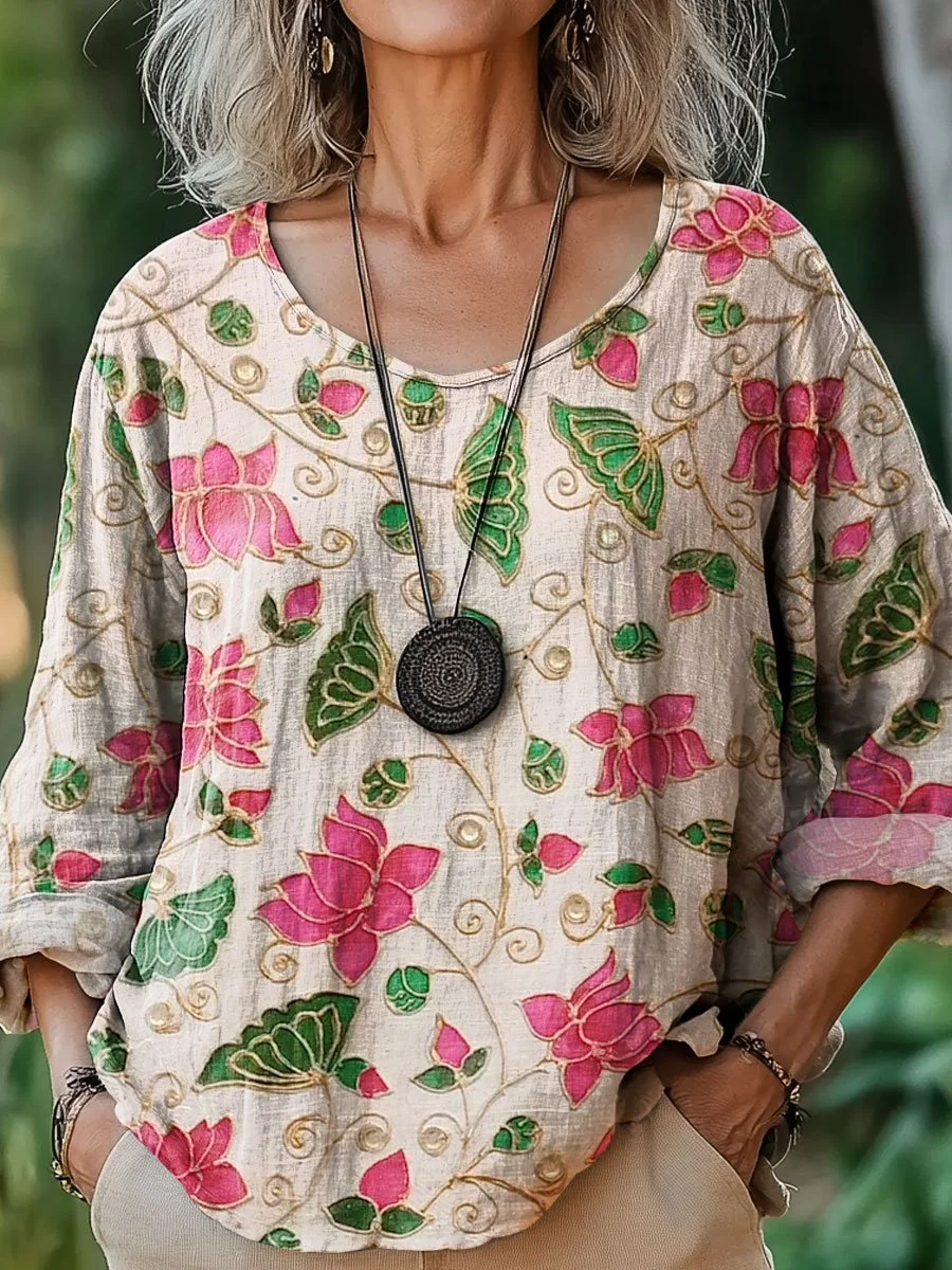 Women's Vintage Floral Art Print Casual Cotton And Linen Shirt