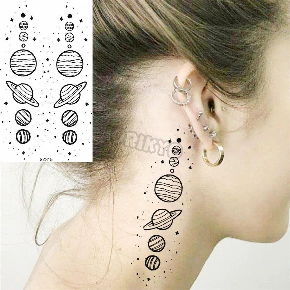 Black Pencil Sketch Henna Lotus Temporary Tattoos For Women Girls Realistic Planet Dandelion Fake Tattoo Sticker Back Arm Tatoos