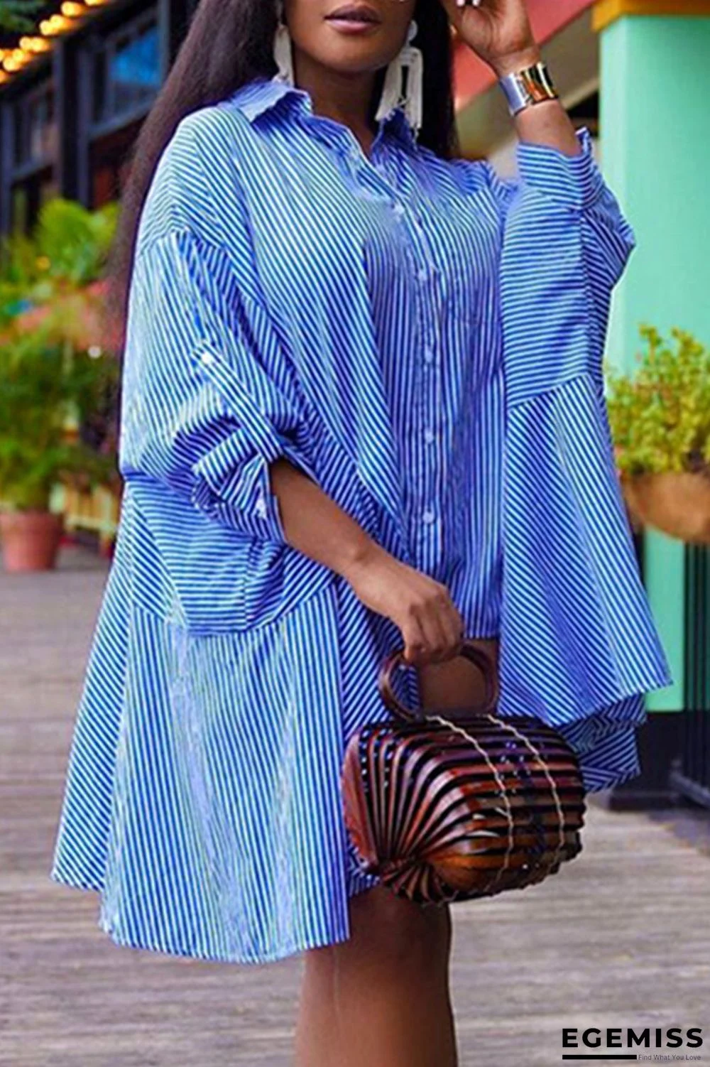 Blue Fashion Casual Striped Print Asymmetrical Turndown Collar Shirt Dress | EGEMISS