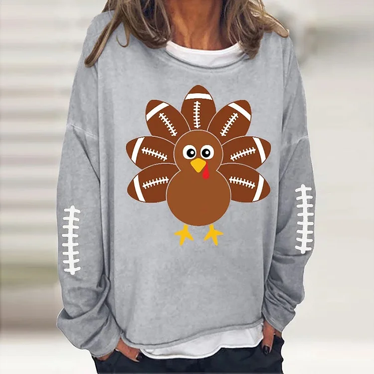 Women's Thanksgiving Football Turkey Printed Sweatshirt