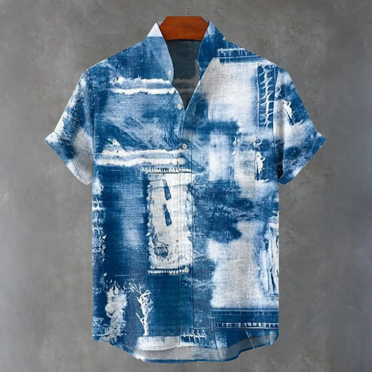 Men's Vintage Denim Blue Stripe Pattern Art Linen Blend Short-sleeve Shirt  artssus