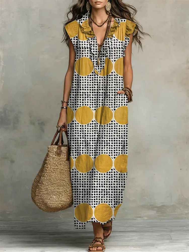 Women's Retro Geometric Pattern Art Print Casual Ruffled Stylish Cotton Linen Dress