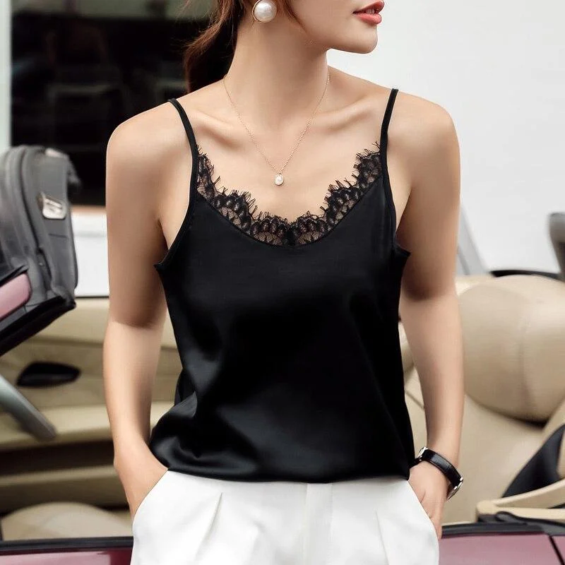 Women's Satin Summer Tops For Women 2021 V Neck Plus Size Sleeveless Lace Tank Tops Women Summer Female Silk Top With Lace