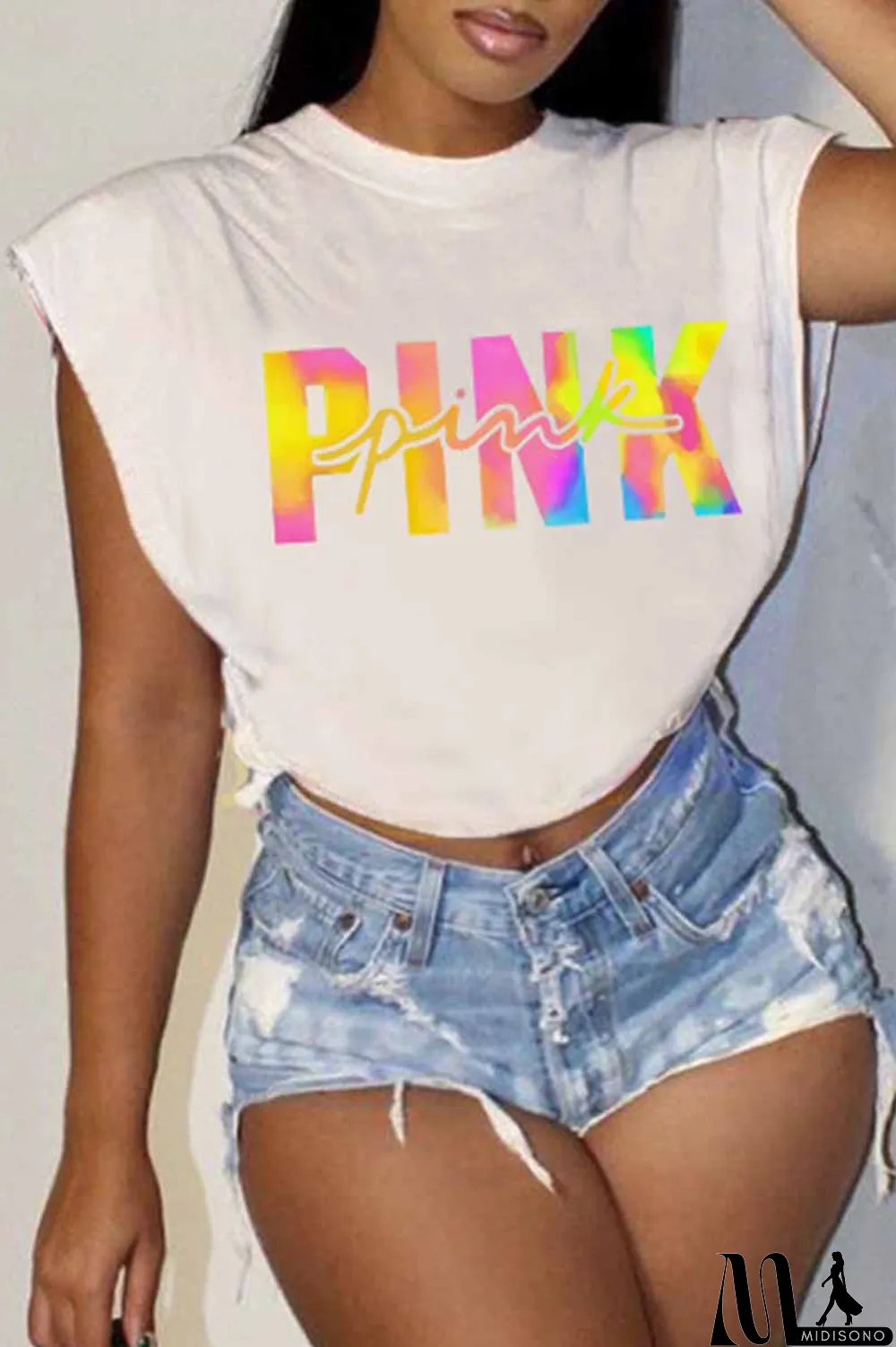 MidiSono - Rose Red Casual Street Print Letter O Neck T-Shirts