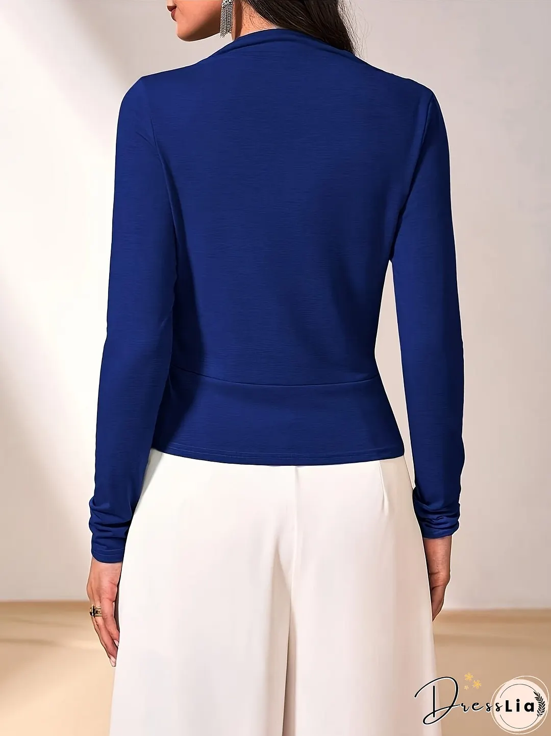 Ruched Surplice Neck T-Shirt, Elegant Long Sleeve Top For Spring & Fall, Women's Clothing