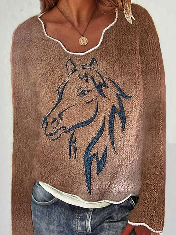 VChics Vintage Western Horse Print Casual Cozy Sweater