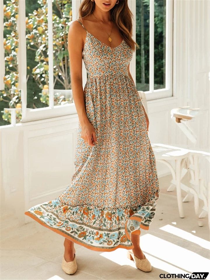 All-Over Floral Print Fitted Waist Pullover Pleated Detailing Spaghetti Strap Dress