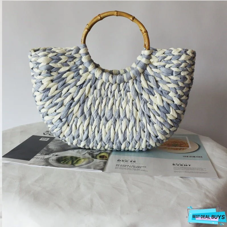 Blue and White Straw Woven Bag Women's Bag